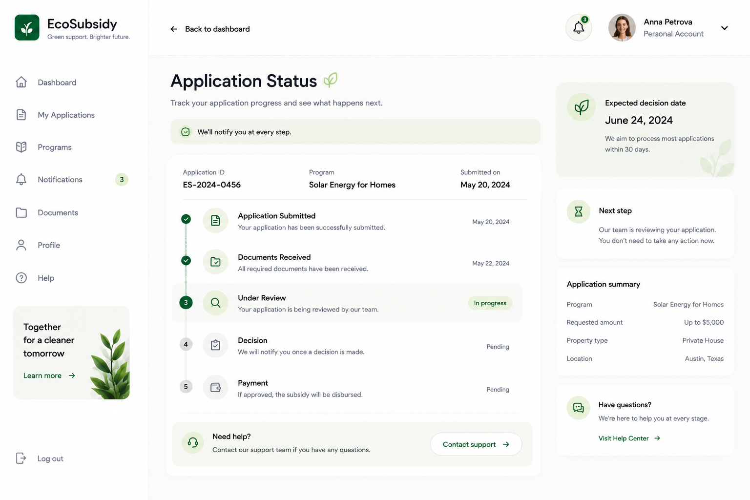 Application Status Tracking Screen