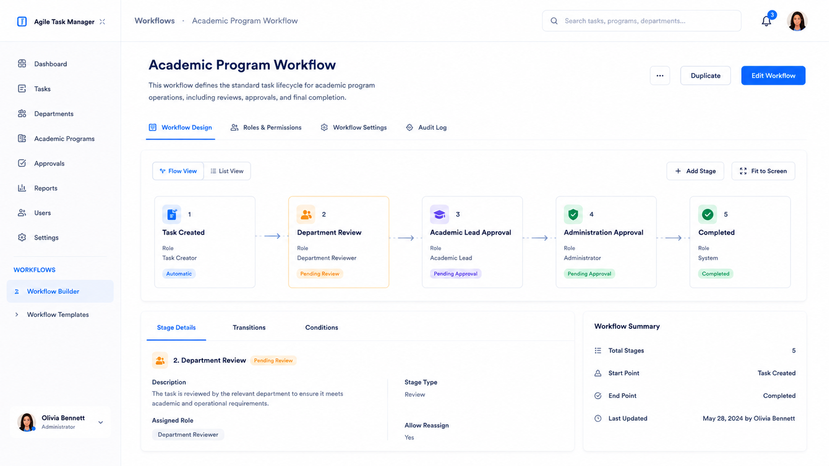 Role-based workflow management for academic teams